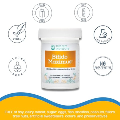 The Gut Institute - Bifido Maximus Ultra Potência Probióticos para Mulheres e Homens – Bifidobacterium longum 100 Bilhões UFC – 28 un – 7 Cepas – Sem Histaminas – Não Precisa de Refrigeração – Fabricado nos EUA