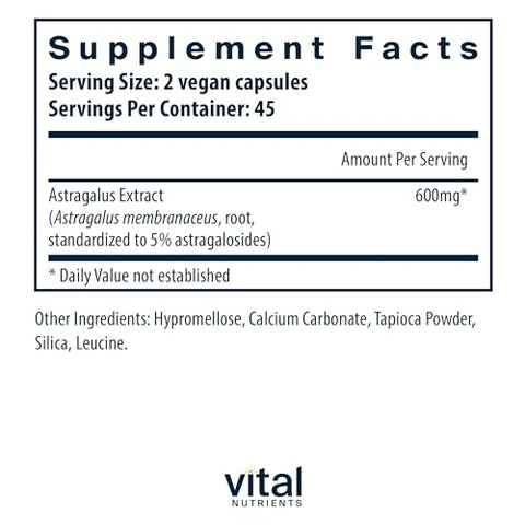 Extrato de Raiz de Astragalus – Fórmula Vegana – Suporte Herbal para o Sistema Imunológico – 90 Cápsulas Vegetarianas por Frasco – 300 mg - Vital Nutrients