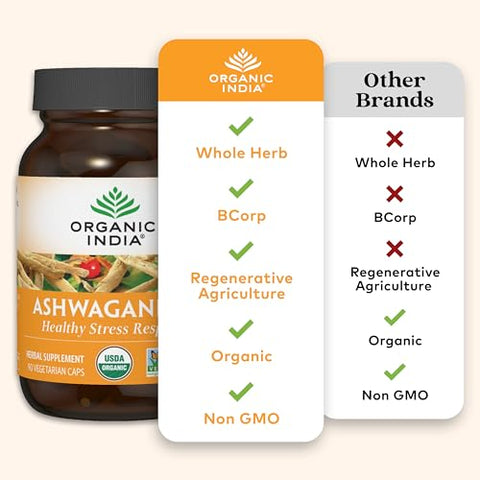 Cápsulas de Ashwagandha Orgânica – Suplemento de Ashwagandha Vegano, Livre de Glúten, Kosher, Não-OGM – Suporte para Alívio do Estresse, Energia e Sono – 90 Cápsulas - ORGANIC INDIA