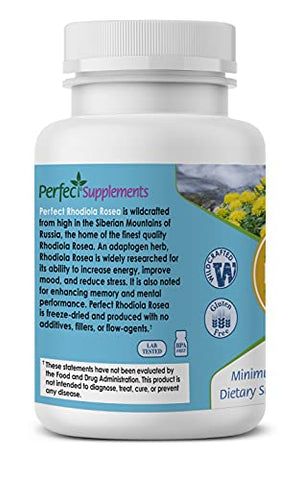 Perfect Supplements - Rhodiola Rosea Perfeita para Melhor Foco, Energia e Alívio do Estresse – 3%% Rosavinas Ótimas para 1%% Salidroside, um Adaptógeno Natural ~60 Cápsulas Vegetais