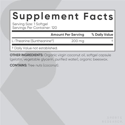 Suplemento Sports Research L-Theanine 200mg com Óleo de Coco Orgânico | Suntheanine para Foco e Relaxamento | Marca