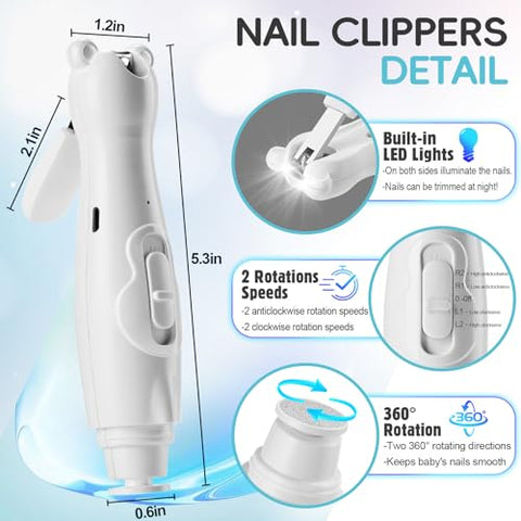 LOQOMI - Kit de Cuidados para Unhas de Bebê Recarregável 10 em 1, Aparador de Unhas Elétrico Seguro com Lixa de Unha LED