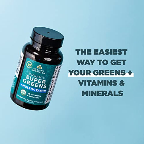 SuperGreens e Multivitaminas Orgânicas com Probióticos, Feitos de Frutas, Vegetais e Ervas Reais, para Suporte Digestivo, Desintoxicação e Energia, 90 comprimidos - Ancient Nutrition