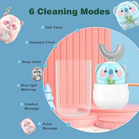 Geacker - Escova de Dentes Elétrica Infantil, U Shaped Escova de Dentes Infantil Sonic Automática com 4 Cabeças de Escova 6 Modos de Limpeza à Prova d’Água IPX7 Recarregável com Temporizador Inteligente para Crianças (8-14 anos)