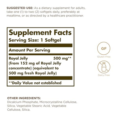 SOLGAR - Solgar Royal Jelly “500” – 60 Softgels – Sem Glúten, Sem Lactose – 60 Porções – Comprimidos de Gelatina Macia