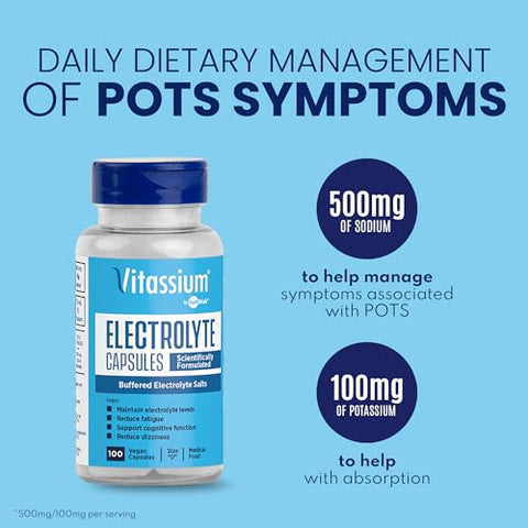 Capsulas de Eletrólitos, Gerenciamento Dietético dos Sintomas da Síndrome de POTS (500mg Sódio – 100mg Potássio), Sem Sabor, 100 Comprimidos de Sal Tamponado - Vitassium
