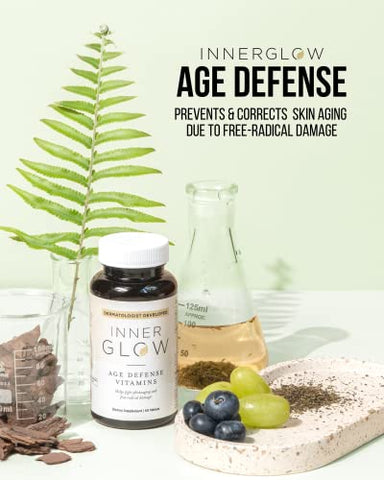 Vitaminas Inner Glow Age Defense – Desenvolvidas por Dermatologista e Cirurgião Plástico para combater fotoenvelhecimento e melasma, com Polypodium Leucotomos e Pycnogenol