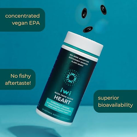Life Heart Omega-3, 120 Softgels (60 Porções), Ômega-3 de Algas à Base de Plantas Veganas, Ácidos Graxos EPA para Saúde Cardíaca, Suplemento Dietético de Suporte Cardíaco, Krill - Iwi
