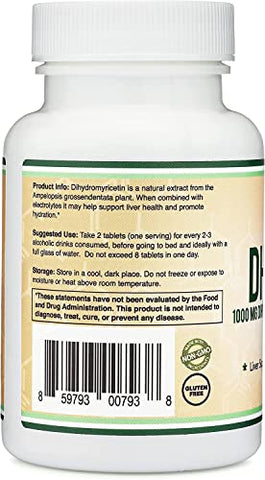Double Wood Supplements - DHM1000 Dihydromyricetin (DHM) – Comprimidos Mais Potentes do Mercado – 1.000mg (30 Unidades) Enriquecidos com Eletrólitos para Hidratação e Suporte Hepático por Double Wood
