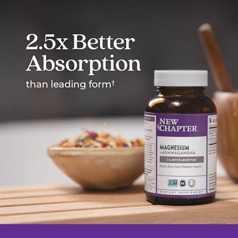 New Chapter - Novo Capítulo Magnésio Ashwagandha, 325 mg com Magnésio Glicinato, Absorção 2.5x, Recuperação Muscular, Coração