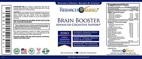 Research Verified - Brain Booster – Suplemento Nootrópico para Aumentar a Função Cognitiva – 180 Cápsulas Veganas Amigáveis – 3 Frascos