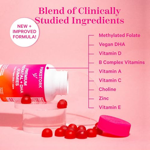 Gomas Premium Pré-natais com DHA, Ácido Fólico e Vitamina D – Multivitamínico e Nutrientes para Desenvolvimento do Tubo Neural e Cérebro Fetal – Essenciais na Gravidez – 60 gomas - Pink Stork