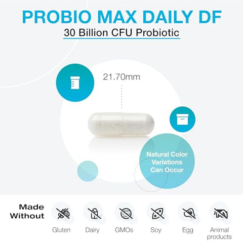 ProbioMax Daily DF – 30 Bilhões UFC Suplemento Probiótico – Probióticos sem Laticínios para Saúde Digestiva – Lactobacillus acidophilus Bifidobacterium longum (60 Acid - XYMOGEN