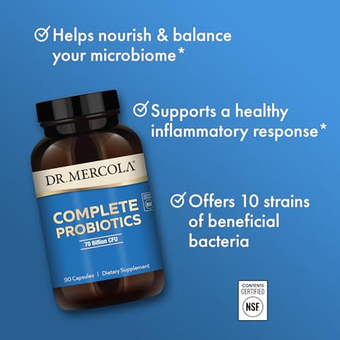 Complete Probiotics 70 Bilhões UFC, 90 Porções (90 Cápsulas), Suplemento Alimentar, Apoia a Saúde Digestiva, Não OGM, Certificado NSF - Dr. Mercola