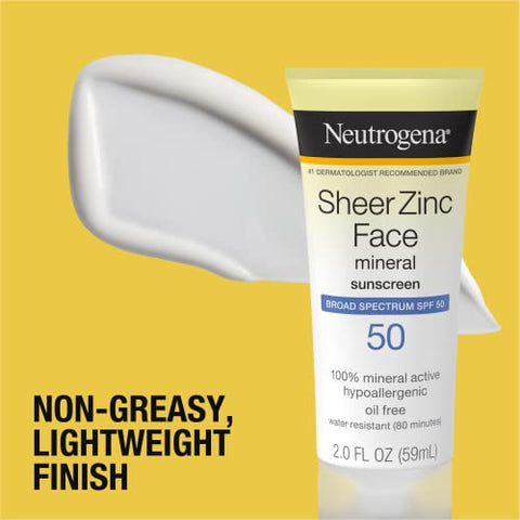 Protetor Solar Neutrogena Sheer Zinc Oxide FPS 50 Toque Seco para o Rosto, Livre de Óleo, Não Comedogênico