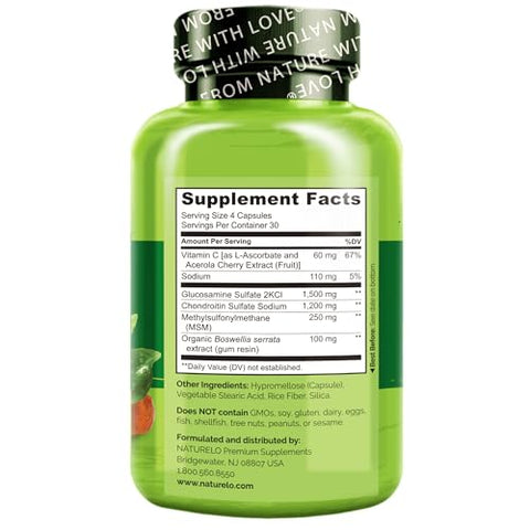 Glucosamina Condroitina MSM com Boswellia e Vitamina C – Suplemento para Suporte das Articulações – 120 Cápsulas - NATURELO