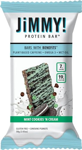JIMMYBAR - JiMMY’S! Barra de Proteína Funcional – Cookies e Creme de Menta – 12 Unidades – Barra de Proteína com Cafeína, Ômega 3 e Óleos MCT – Baixo teor de açúcar, sem glúten, impulso de energia