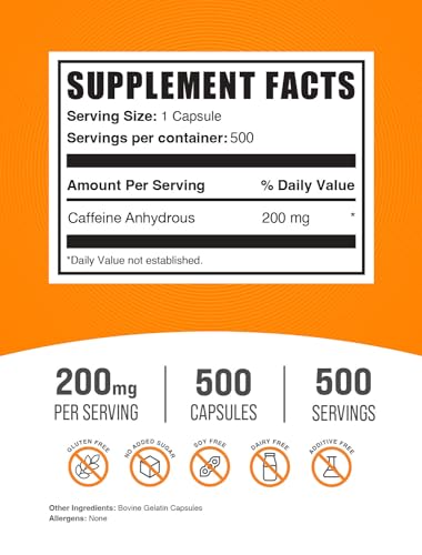 com Cápsulas de Cafeína 200mg – Suplementos de Cafeína, Comprimidos de Cafeína 200mg – para Suporte Energético, 1 Cápsula de Cafeína por Porção, 500 Cápsulas (Pacote de 1) - BulkSupplements
