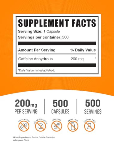 com Cápsulas de Cafeína 200mg – Suplementos de Cafeína, Comprimidos de Cafeína 200mg – para Suporte Energético, 1 Cápsula de Cafeína por Porção, 500 Cápsulas (Pacote de 1) - BulkSupplements