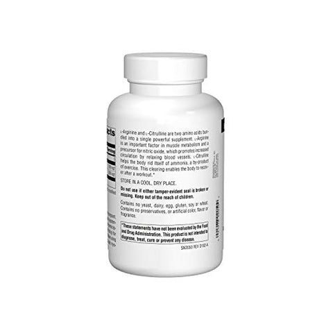 L-Arginine L-Citrulline Complex – Aminoácido Essencial para Desempenho Máximo* 1.000 mg – 240 Comprimidos - Source Naturals