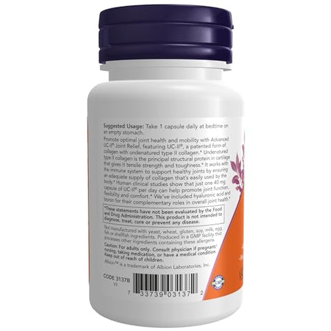 UC-II Advanced Joint Relief com Colágeno Tipo II Não Desnaturado, Ácido Hialurônico, Boro, Vitamina D-3, 60 Cápsulas Vegetais - NOW Foods