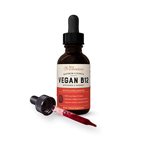 Vegan Vitamin B12 Sublingual Liquid Drops – Live Conscious: Fórmula Methylcobalamin Max Strength B12 5000mcg – Suporte Energético e Memória – 60ml