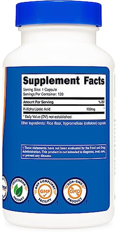 Ácido Alfa Lipóico R-100mg, 120 Cápsulas – Veggie Caps, Sem OGM, Sem Glúten - Nutricost