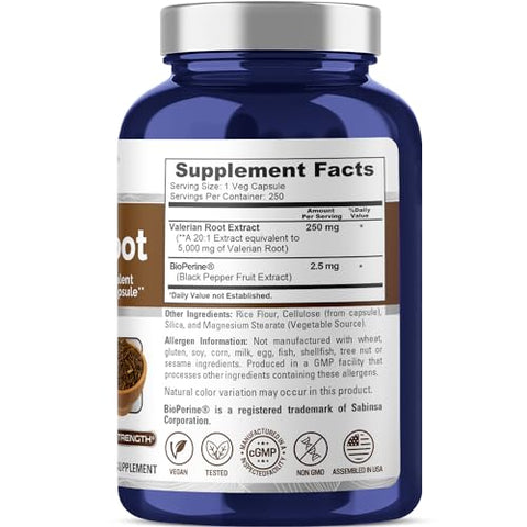 Valerian Root 5000 mg por Cápsula Vegetal, 250 Unidades, Vegano, Não-OGM, Bioperine - NusaPure