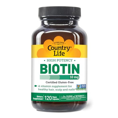 Biotina 10mg de Alta Potência – Vegano | 100% Natural | Fortalece Cabelos e Unhas | 60 Cápsulas - Country Life