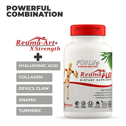 Reuma-Art Flex – Suplementos Naturais com Colágeno Bovino e Cúrcuma – Pele, Cabelo e Unhas Saudáveis – Kosher, Sem Glúten – 120 Cápsulas Vegetais - Full Life