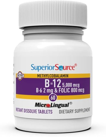 Vitamina B12 Methylcobalamin (5000 mcg), B6, Ácido Fólico, Comprimidos Sublinguais de Dissolução Rápida, 60 un, Aumenta Energia, Coração Saudável, Estimula Metabolismo - Superior Source