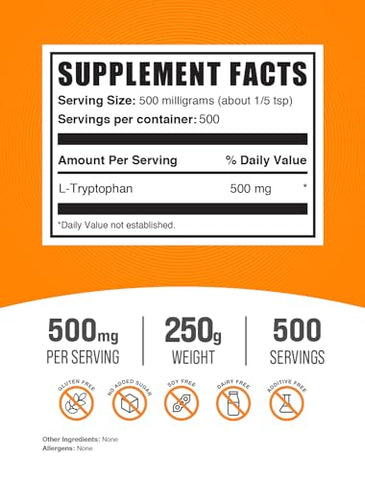 com L-Tryptophan em Pó – 500mg de L-Tryptophan, Suplemento de Aminoácidos, Livre de Glúten, 500mg por Porção, 250g (Pack de 1) - BulkSupplements