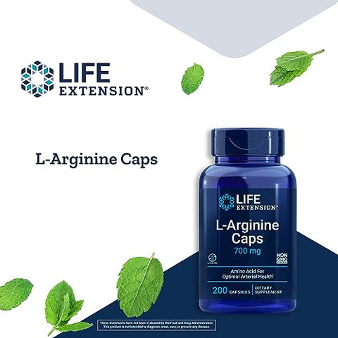 Suplemento de L-Arginina Life Extension Caps – Vitamina C para Apoio ao Sistema Imunológico e Saúde Cardiovascular – 700 mg – Sem Glúten, Não-OGM – para Homens e Mulheres