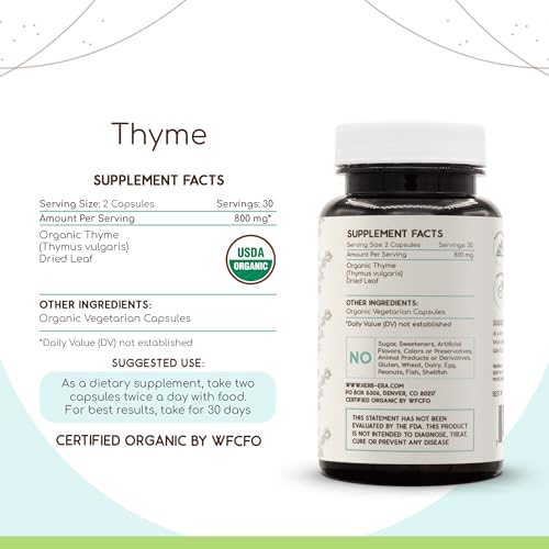 HerbEra - Thyme Orgânico USDA 60 Cápsulas | Suplemento Herbal Natural | Cápsulas Vegetarianas Certificadas Orgânicas e Folha Seca de Tomilho Orgânico (Thymus Vulgaris) (60 Cápsulas)