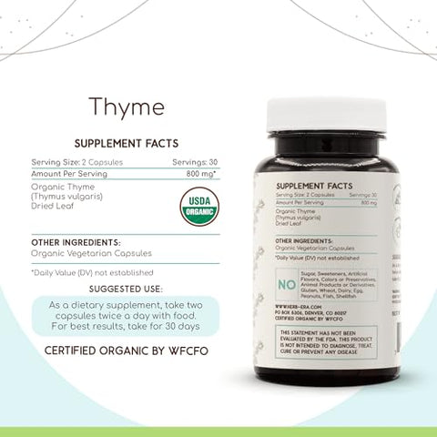HerbEra - Thyme Orgânico USDA 60 Cápsulas | Suplemento Herbal Natural | Cápsulas Vegetarianas Certificadas Orgânicas e Folha Seca de Tomilho Orgânico (Thymus Vulgaris) (60 Cápsulas)