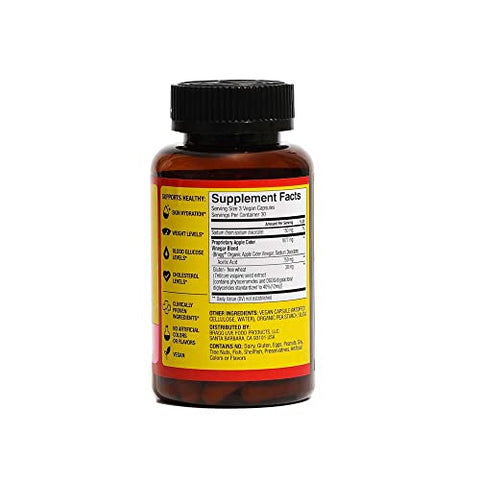 Cápsulas de Vinagre de Maçã e Fitoceramida – 750mg de Ácido Acético – Energia - Bragg