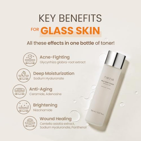Tônico de Arroz Milk Skin | Hidratação Profunda, Brilho Instantâneo, 2% Niacinamida, Extrato de Farelo de Arroz, Ceramida, Pantenol, Cruelty-Free, Amigo da Acne Fúngica, Vegano, 150 ml - TIRTIR