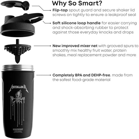 Rockband Reforce Garrafa de Shake de Proteína em Aço Inoxidável 700 ml | 23.5 oz – Tampa Rosqueável à Prova de Vazamentos – Livre de BPA – Não Isolada – Unissex – Logotipo Metallica, Scary Guy - Smartshake