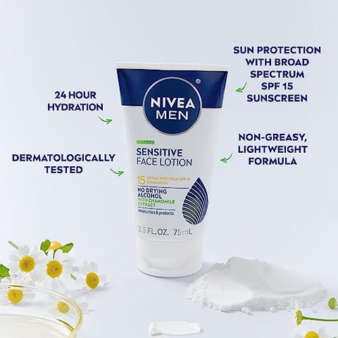Loção Facial Sensível com FPS 15, Protetor Solar de Amplo Espectro, Kit com 3 Tubos de 75 ml - Nivea Men