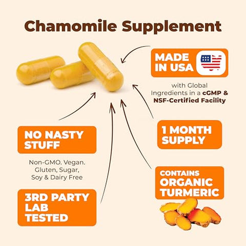 Vimerson Health - Cápsulas de Camomila para Dormir – Suplemento Orgânico de Camomila e Cúrcuma para o Sono com Extrato de Camomila das Flores de Camomila (Manzanilla) – Suplemento de Camomila para Articulações
