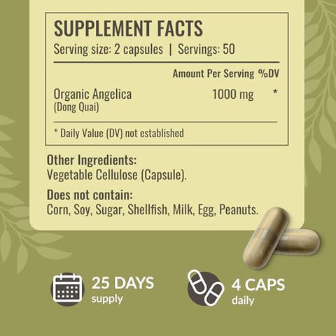 Suplemento de Raiz de Angélica e Dong Quai – Cápsulas de 1000 mg de Raiz de Dong Quai – Suplementos Antioxidantes de Erva de Angélica para Mulheres – Vegano, Não-OGM – 100 Cápsulas - HERBAMAMA