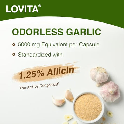 Extrato de Alho Inodoro | 5000mg | 1.25%% Alicina | Sem Glúten | Suporte à Saúde Imunológica e Cardiovascular | 60 Cápsulas Vegetarianas (Fornecimento de 6 Meses) (Pacote com 3) - Lovita