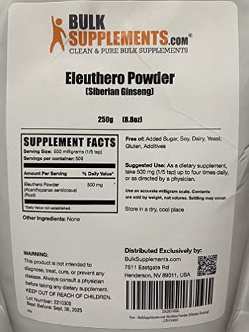 Eleuthero em Pó BulkSupplements.com – Ginseng Siberiano em Pó, Eleutherococcus senticosus, Suplemento Herbal, Sem Glúten, 500mg por Porção, 250g (Pack de 1)