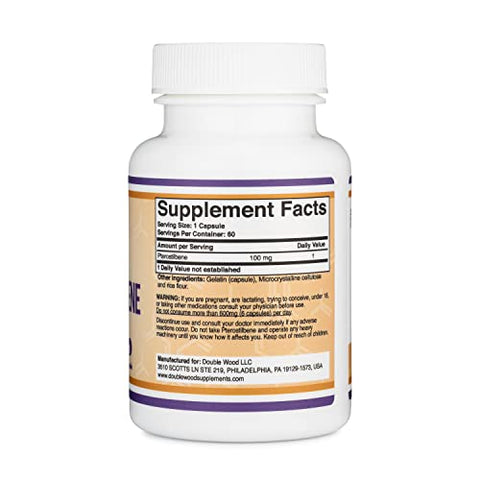 Double Wood Supplements - Pterostilbene 100mg Cápsulas (Testado por Terceiros) 60 Cápsulas, Superior ao Resveratrol, Antioxidante para Suporte à Longevidade (Não-OGM, Sem Glúten) por Double Wood