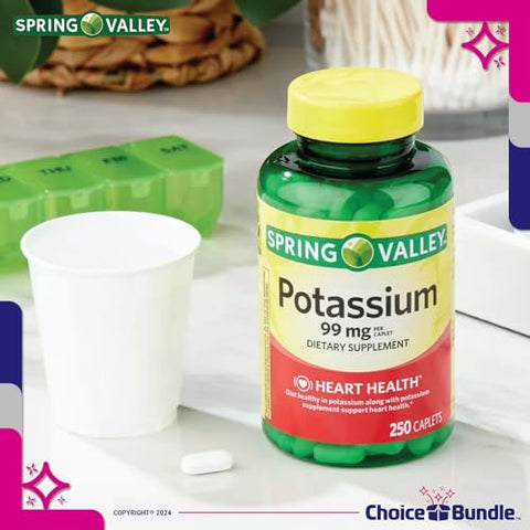 ChoiceBundle - Spring Valley Potássio Suplemento Dietético para a Saúde do Coração Caplets 99 mg 250 CT Pacote Escolha “Vitalidade Vitamínica” Guia