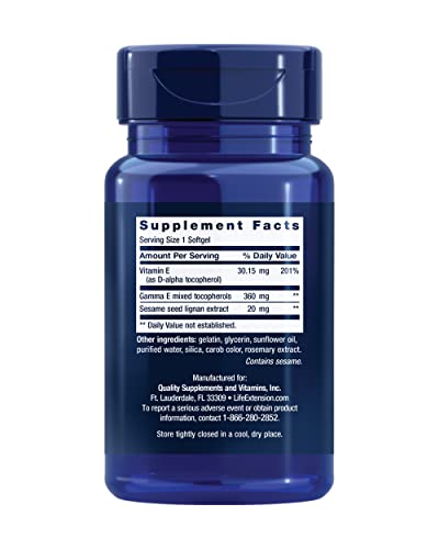 Suplemento de Vitamina E Completa D-Alpha da Life Extension Gamma E Mixed Tocopherols para Saúde Cardíaca e Cuidados com a Pele – Livre de Glúten, Não-OGM – 60 Softgels