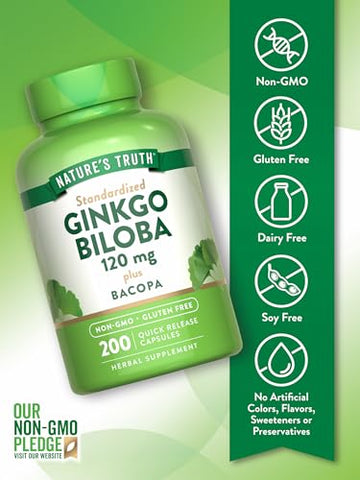 Nature's Truth - Nature’s Truth Ginkgo Biloba 120mg + Bacopa | 200 Cápsulas de Liberação Rápida | Extrato Padronizado | Suplemento Livre de OGM e Glúten