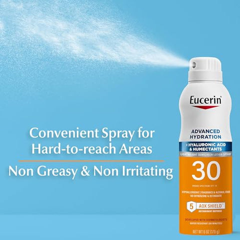 Spray Hidratante Avançado FPS 30, Loção Spray Leve, Hipoalergênico, Sem Fragrância e Álcool, Frasco de 177 ml - Eucerin