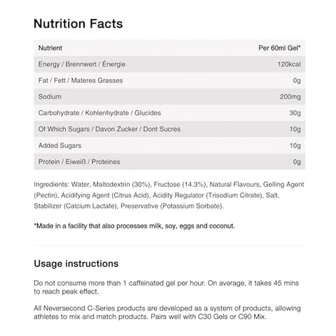 NeverSecond - Neversecond C30 Energy Gel Cafeína – Performance Nutrition | Energia e Desempenho para Atletas | 30g