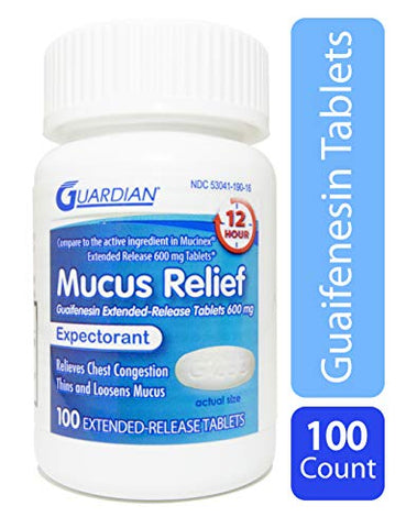 Mucus Relief 600mg Guaifenesin 12 Horas Liberação Prolongada, Expectorante para Congestão Torácica (Frasco com 100 Comprimidos) - Guardian